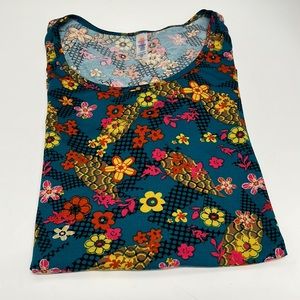 Lularoe Classic T Turqouise With Yellow, Pink, & Orange Floral Designs medium